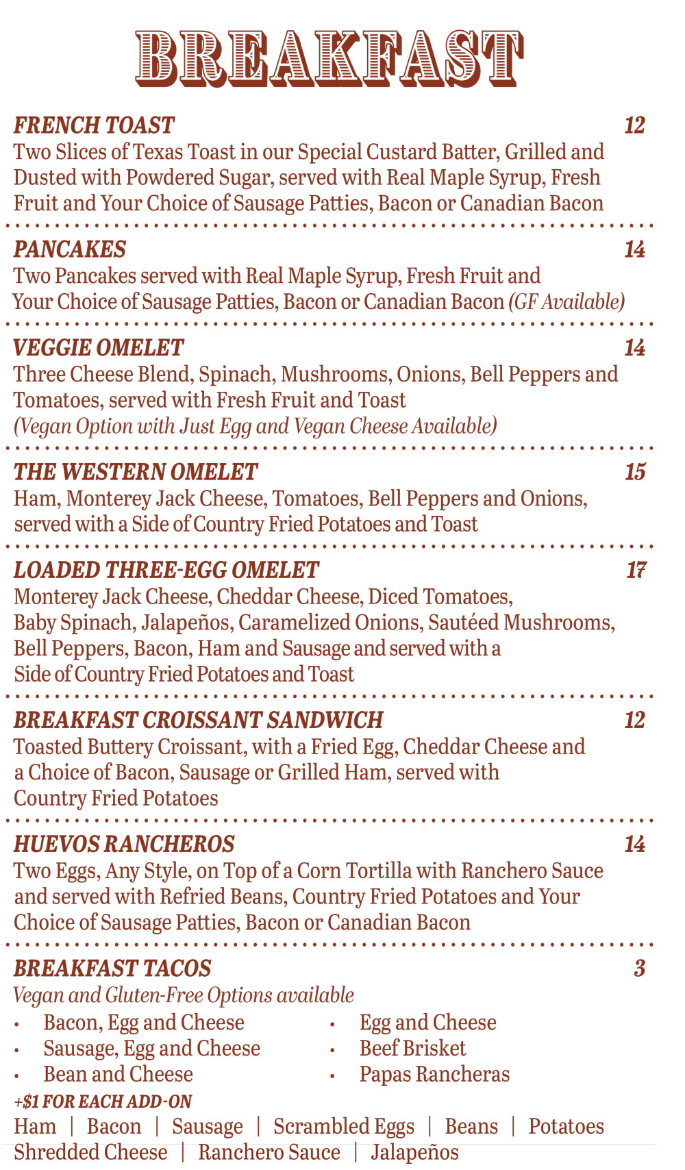 Breakfas a La Carte Menu